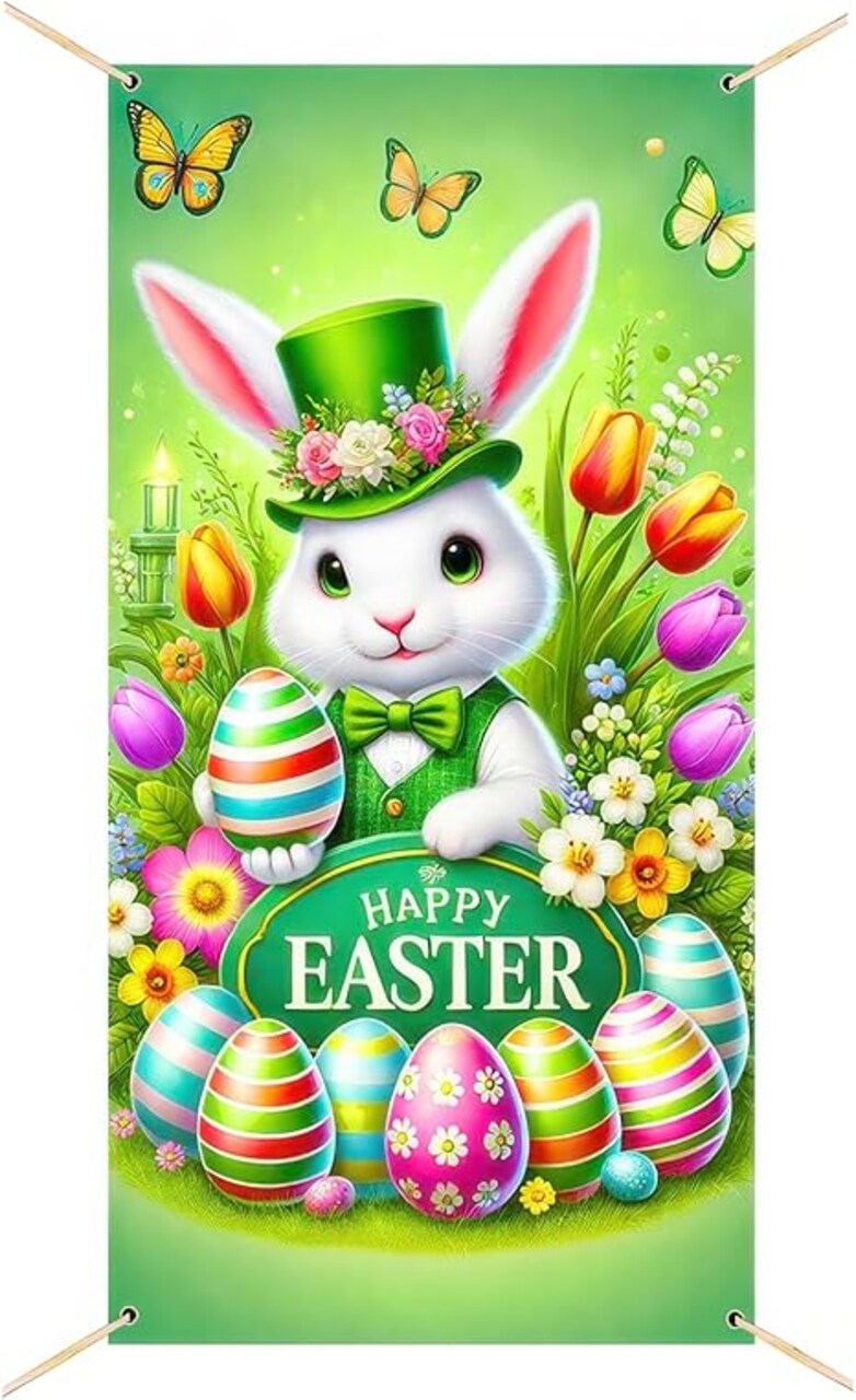 Easter Door Cover 71x35 Inch – Happy Easter Bunny Banner, Easter Decorations for Front Door, Spring Outdoor Porch Wall Decor